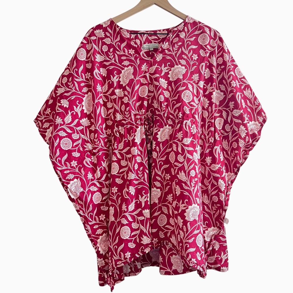 World Market Red & White Floral 100% Cotton Kaftan Cover-Up One Size EUC Boho